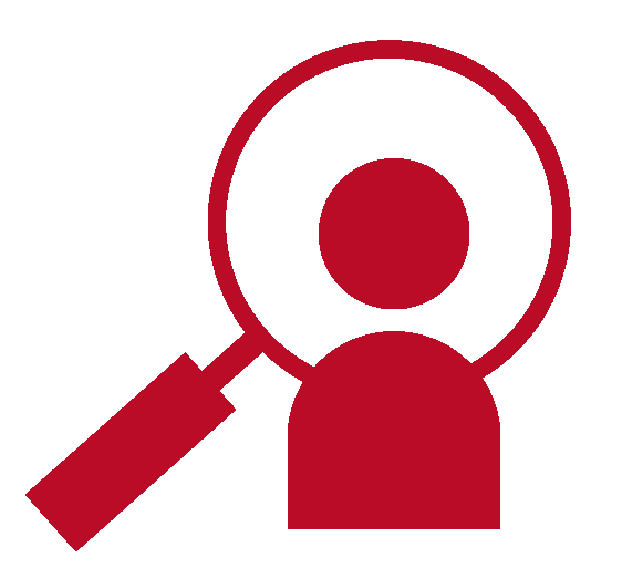 A simple red graphic of a magnifying glass over the outline of person.